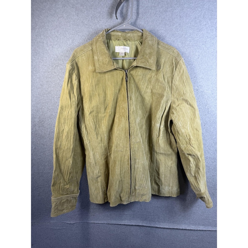 C.J. Banks Jacket Womens 1X Green Pig Suede Leather Full Zip Collared Lined
